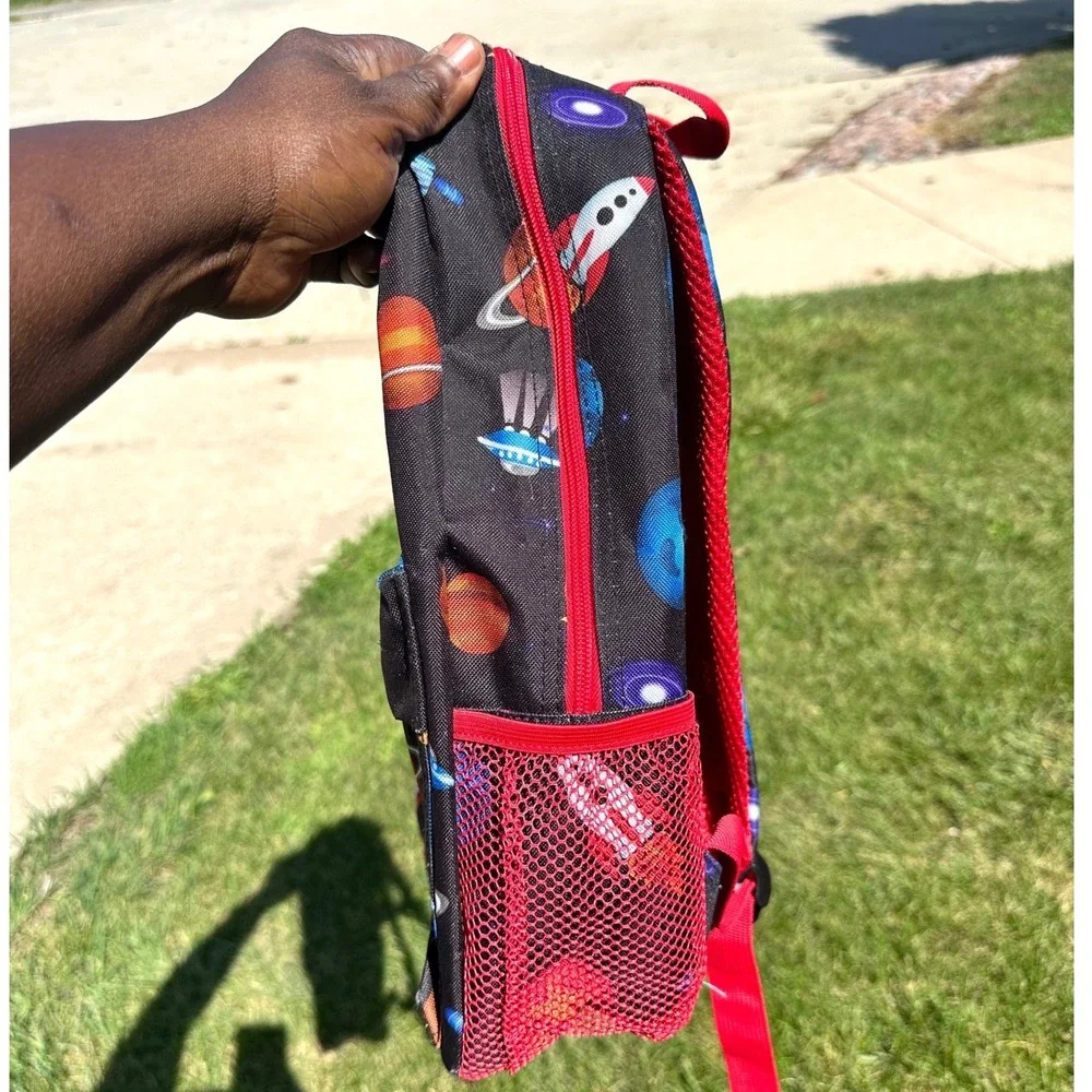 Solar System Space Rockets Planets Little Kids School Bag Backpack Black Red
